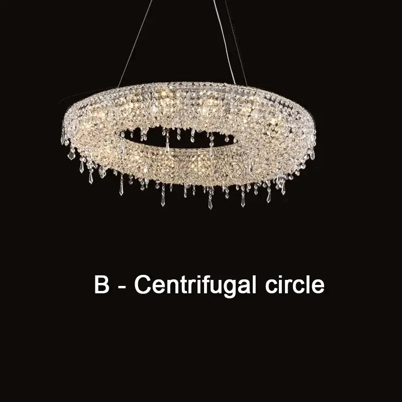 A decorbites crystal chandelier with cascading teardrop crystals and an illuminated ring for living and dining rooms