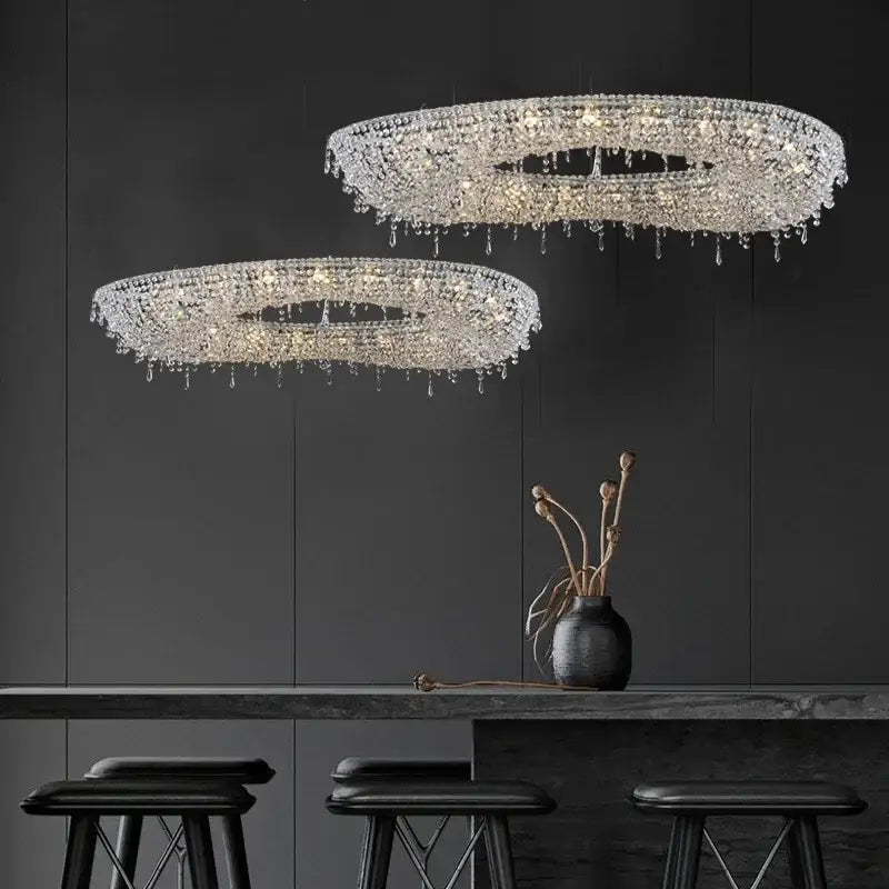 Two elegant circular crystal chandeliers with cascading droplets by DecorBites crystal chandelier for living room lighting