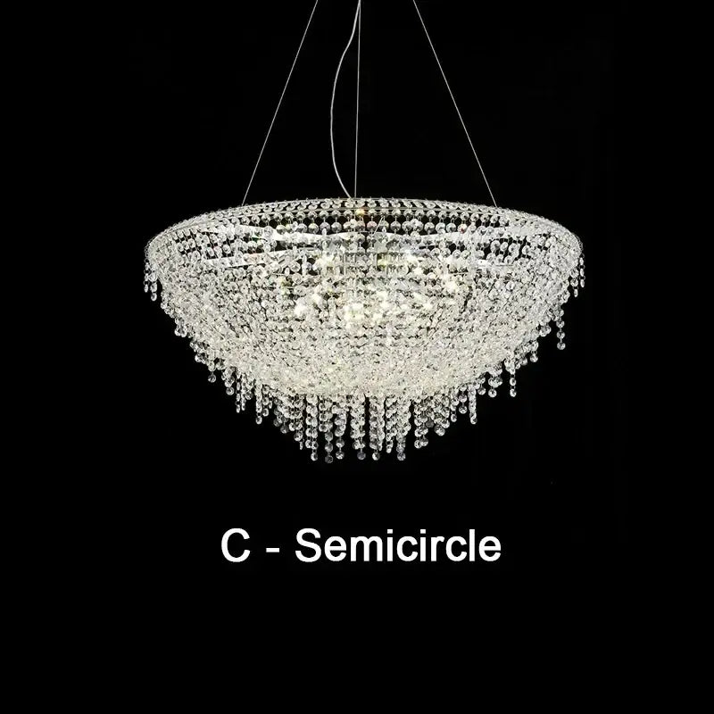 Decorbites crystal chandelier featuring a semicircular LED pendant with clear glass beads and teardrop crystals for luxury lighting
