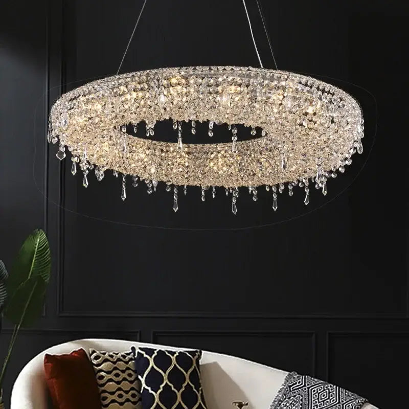 A decorbites crystal chandelier with clear faceted crystals cascading in elegant droplets for modern luxury lighting