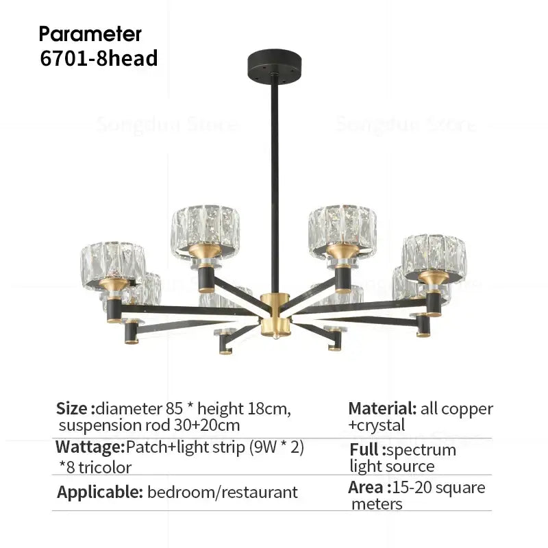 Black and gold eight-head decorbites crystal chandelier with crystal shades for modern luxury living and dining rooms