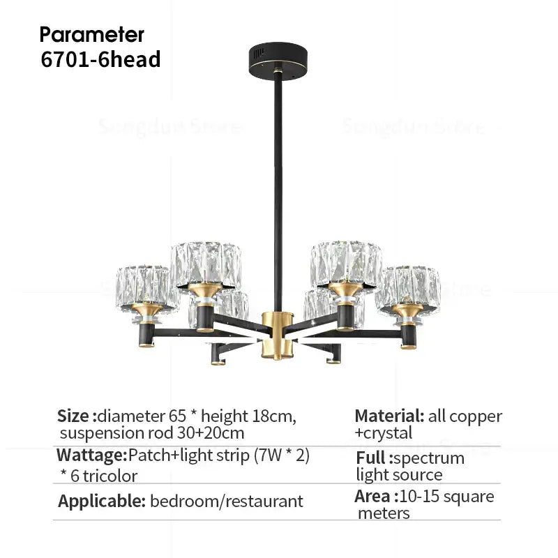 Decorbites crystal chandelier modern six-head black and gold chandelier with crystal shades for living hall and bedroom