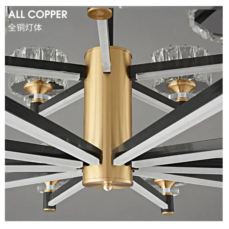 Modern decorbites crystal chandelier with brushed gold copper body black and white geometric arms and crystal accents for living rooms