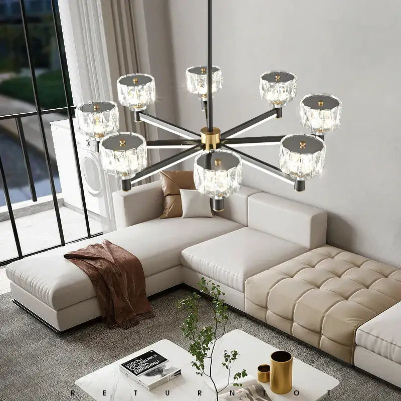 Decorbites crystal chandelier modern luxury light with eight crystal-encased lights on black and gold frame for living hall