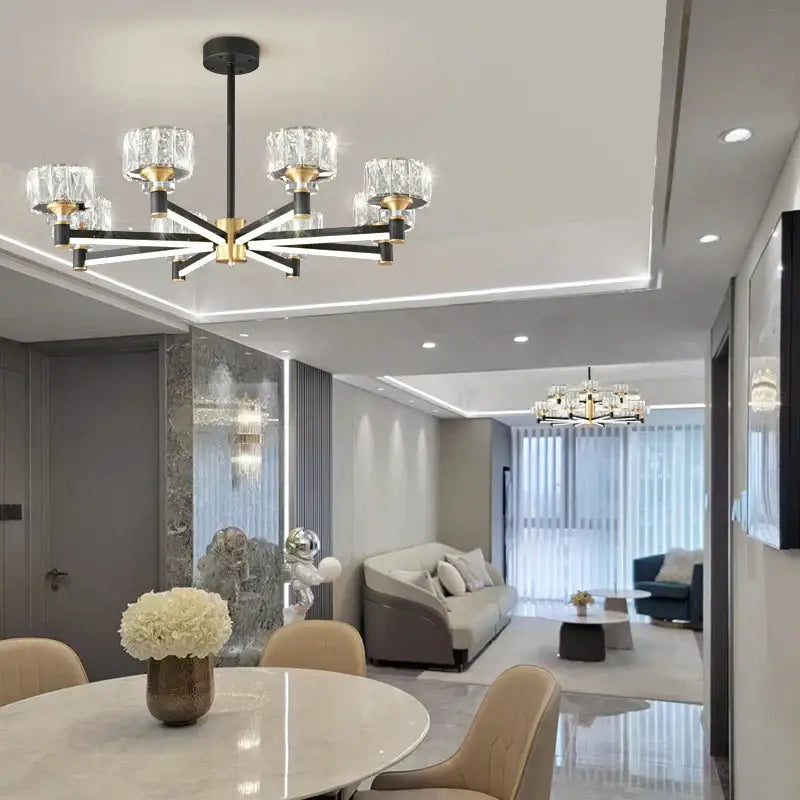 Modern black and gold decorbites crystal chandelier with crystal glass shades for living hall dining bedroom lighting