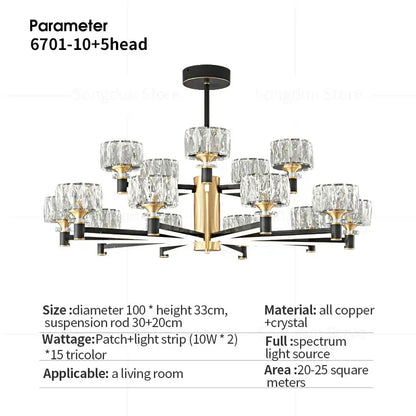 Modern luxury decorbites crystal chandelier with black and gold frame copper construction and crystal glass shades