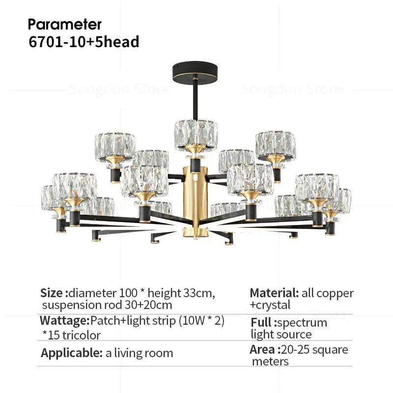 Modern luxury decorbites crystal chandelier with black and gold frame copper construction and crystal glass shades