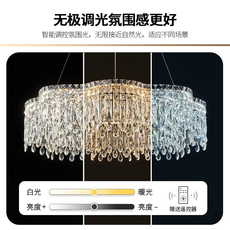 Decorbites crystal chandelier with tiered design and adjustable white to warm light for living room and bedroom