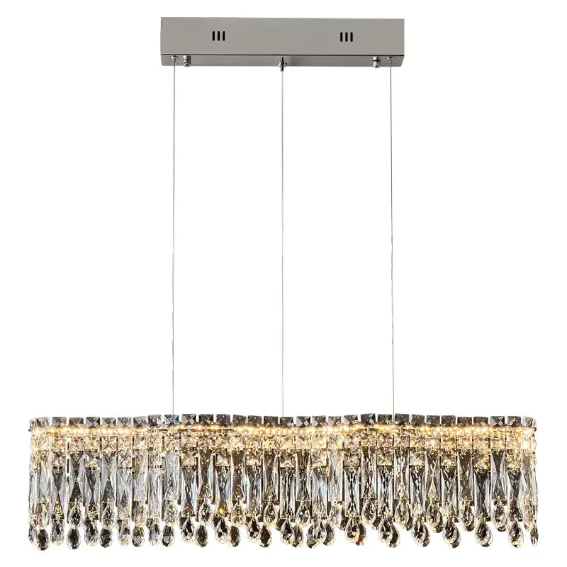 Modern rectangular decorbites crystal chandelier with sleek chrome finish and cascading clear crystal teardrops for luxury lighting