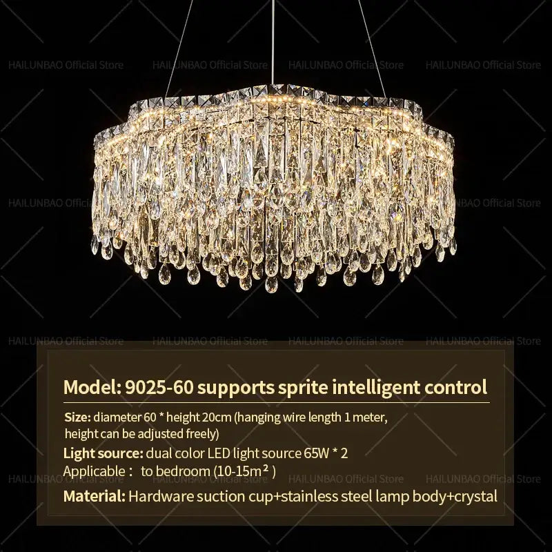 Decorbites crystal chandelier with cascading teardrop crystals and dual-color led lighting in stainless steel frame
