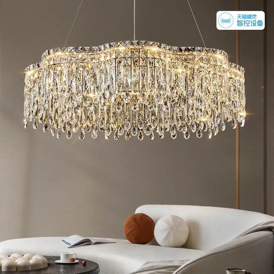 DecorBites crystal chandelier with cascading teardrop crystals and metallic frame for living room luxury lighting