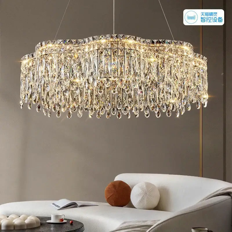 DecorBites crystal chandelier with cascading teardrop crystals and metallic frame for living room luxury lighting