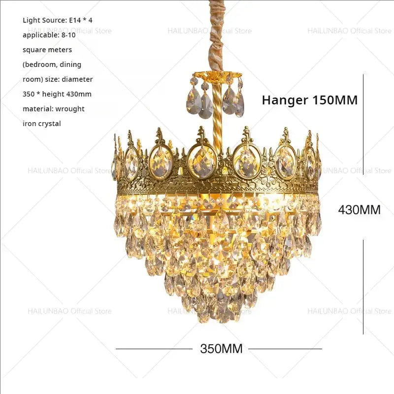 Decorbites crystal chandelier gold crown shape with wrought iron frame and crystal droplets for luxury lighting