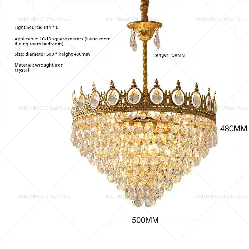 Golden crown-shaped DecorBites crystal chandelier with clear crystal droplets and wrought iron frame for luxury lighting