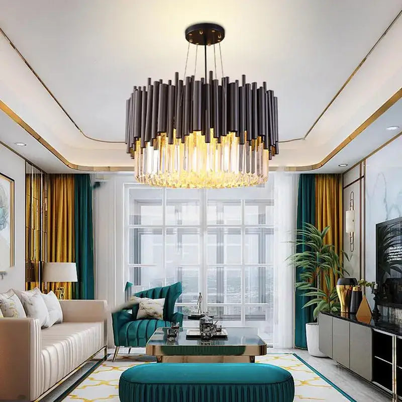 Black and gold decorbites crystal chandelier with crystal accents for modern luxury living and dining rooms lighting