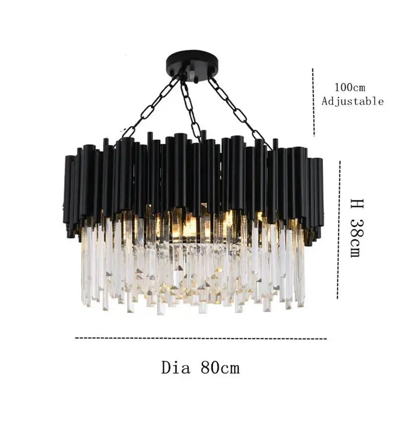 Decorbites crystal chandelier with black and clear crystal tiered design and hanging cylindrical rods for modern luxury lighting