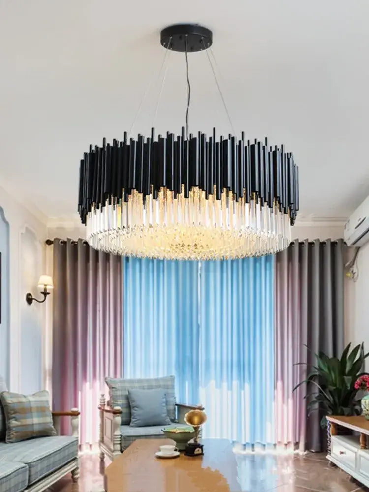 Black and clear crystal chandelier with modern cylindrical design by decorbites crystal chandelier for elegant rooms