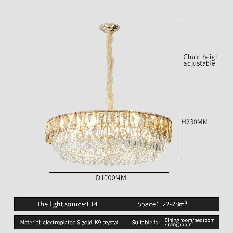 Gold electroplated decorbites crystal chandelier with cascading k9 crystal droplets and decorative chain for modern luxury lighting