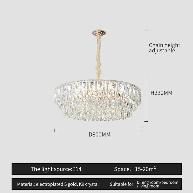 DecorBites crystal chandelier with gold-plated frame and cascading k9 crystals for modern luxury lighting