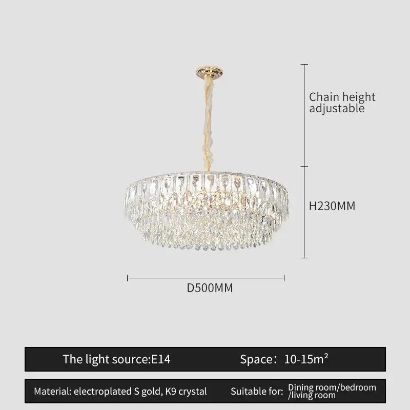 A decorbites crystal chandelier with a gold-toned electroplated frame and k9 crystal droplets for modern luxury lighting