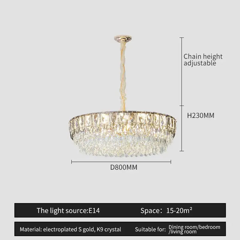 Decorbites crystal chandelier with electroplated gold frame and cascading k9 crystals for modern luxury lighting