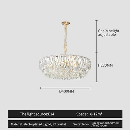 Decorbites crystal chandelier featuring a gold electroplated frame with cascading k9 crystals for modern luxury lighting