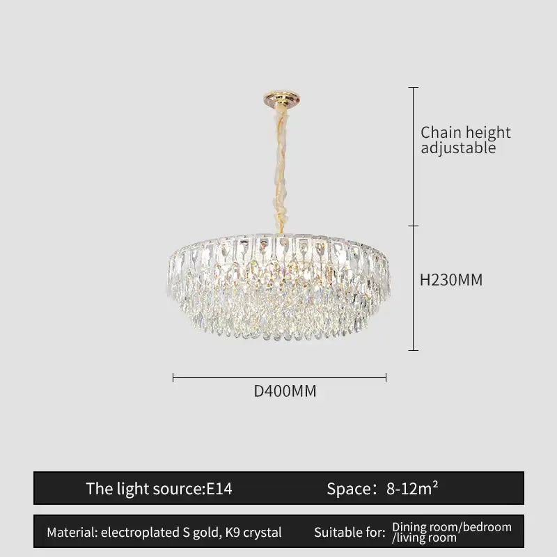 Decorbites crystal chandelier featuring a gold electroplated frame with cascading k9 crystals for modern luxury lighting