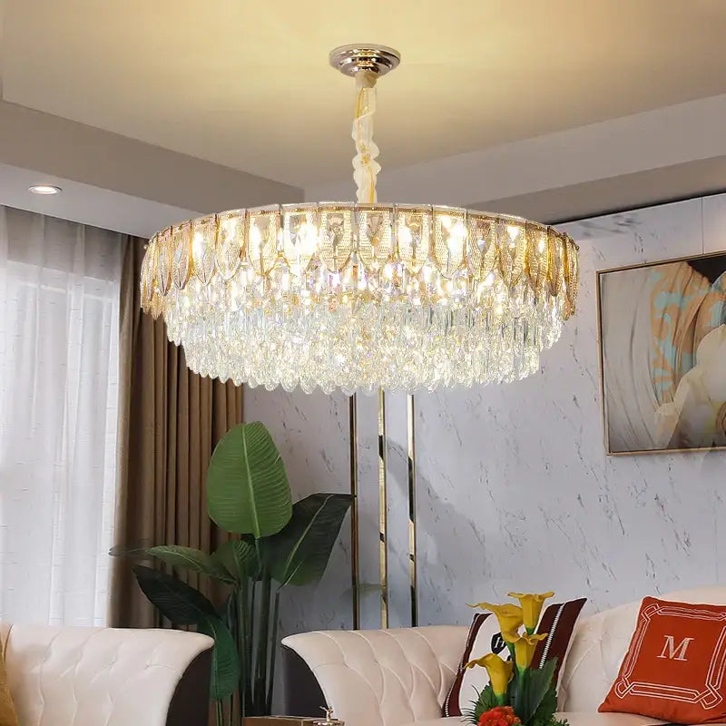 DecorBites crystal chandelier with gold tone, cascading crystal droplets, and polished chrome for modern luxury lighting