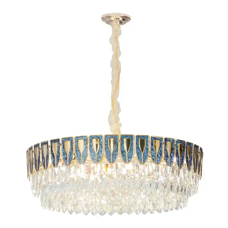 Elegant decorbites crystal chandelier with gold-toned frame, blue mosaic inlays, and clear crystal droplets for modern luxury lighting
