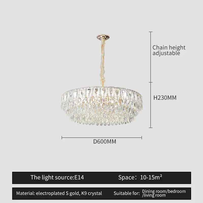 Decorbites crystal chandelier featuring a gold electroplated frame with k9 crystal droplets for modern luxury lighting