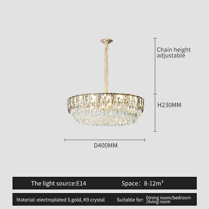 A decorbites crystal chandelier with cascading k9 crystal droplets and gold electroplated frame for modern luxury lighting