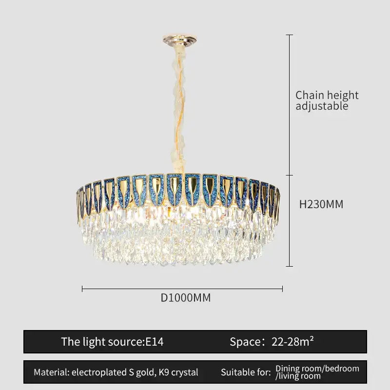 A decorbites crystal chandelier with gold electroplated frame and blue clear k9 crystals for modern luxury lighting