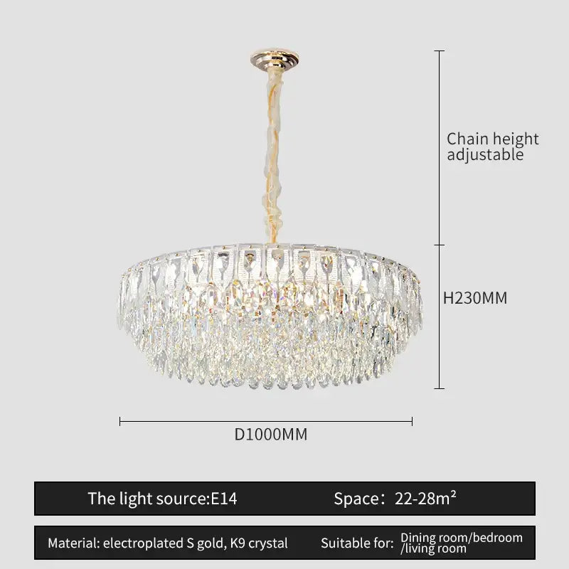 A decorbites crystal chandelier with cascading k9 crystal droplets and gold electroplated frame for elegant living rooms