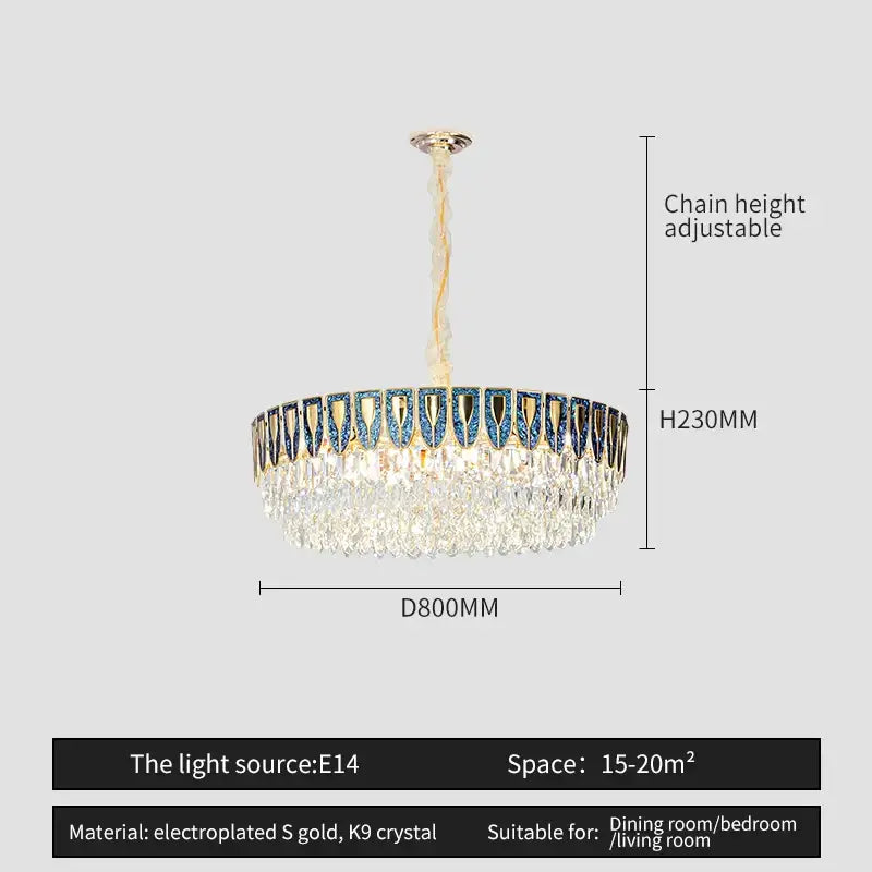 A decorbites crystal chandelier with gold electroplated frame and blue clear k9 crystals for modern luxury lighting