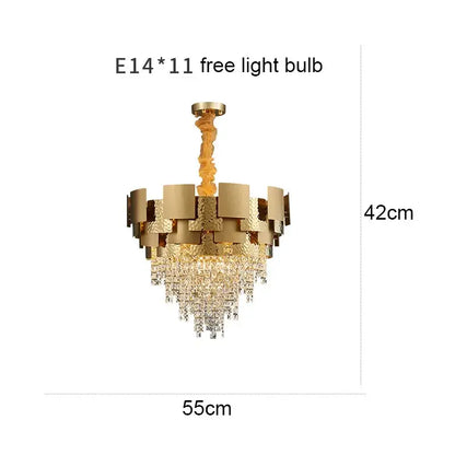Gold-toned decorbites crystal chandelier with tiered geometric metal frame and cascading crystal droplets for modern luxury lighting