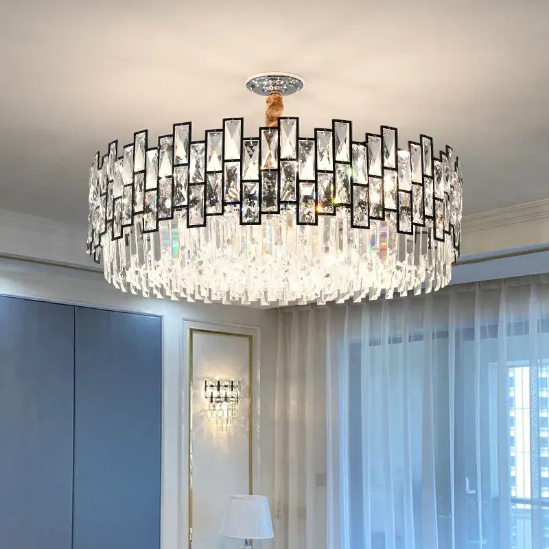 Decorbites crystal chandelier with black metal frame rectangular crystal prisms and cascading clear glass droplets