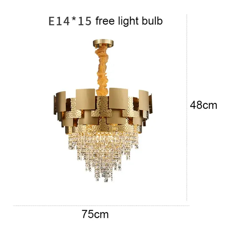Gold-toned decorbites crystal chandelier with layered metal rings and cascading crystal droplets for luxury lighting