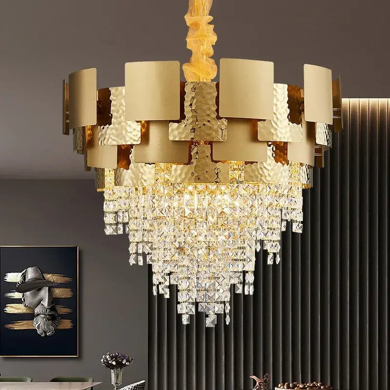 Gold-toned hammered metal decorbites crystal chandelier with cascading crystal droplets for modern luxury lighting