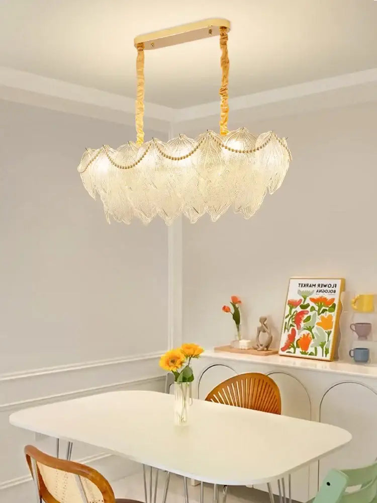 Decorbites crystal chandelier with translucent scalloped glass and golden braided cords for modern luxury lighting