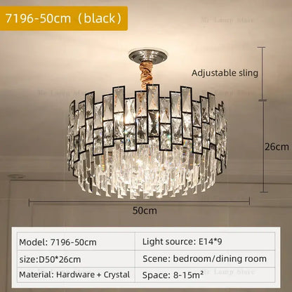 Black-framed decorbites crystal chandelier with cascading clear glass prisms and metallic ceiling mount for modern luxury lighting