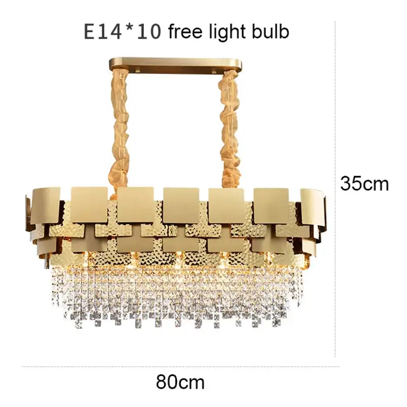 Gold-toned decorbites crystal chandelier with modern geometric design featuring layered metal plates and cascading crystals