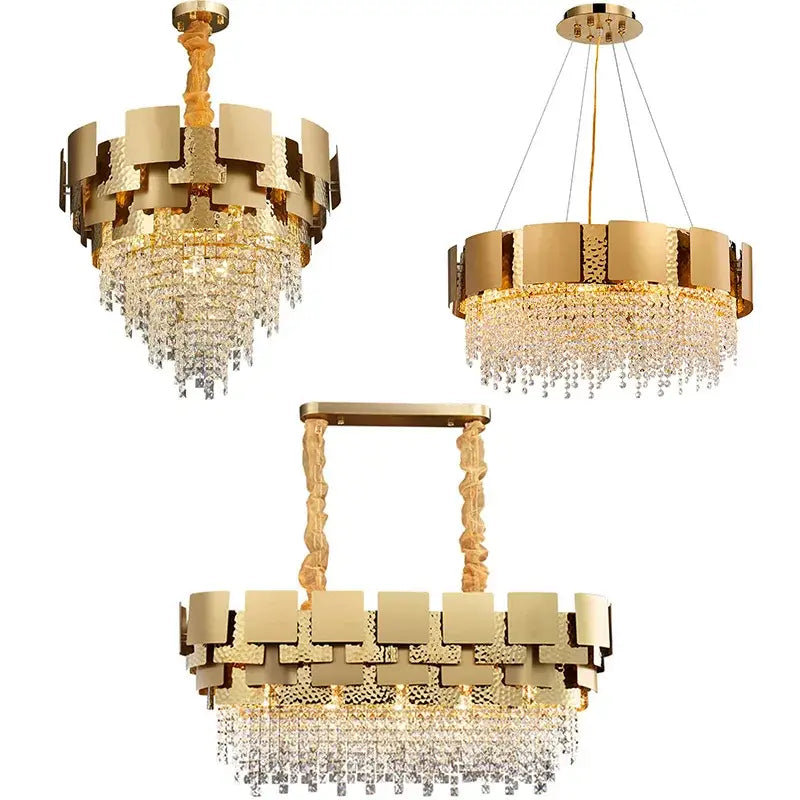 Gold-toned decorbites crystal chandelier with layered geometric metal frames and cascading crystal droplets for modern luxury lighting