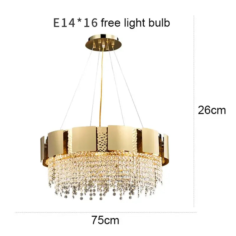 Gold-toned decorbites crystal chandelier with circular frame and cascading crystal droplets for modern luxury lighting