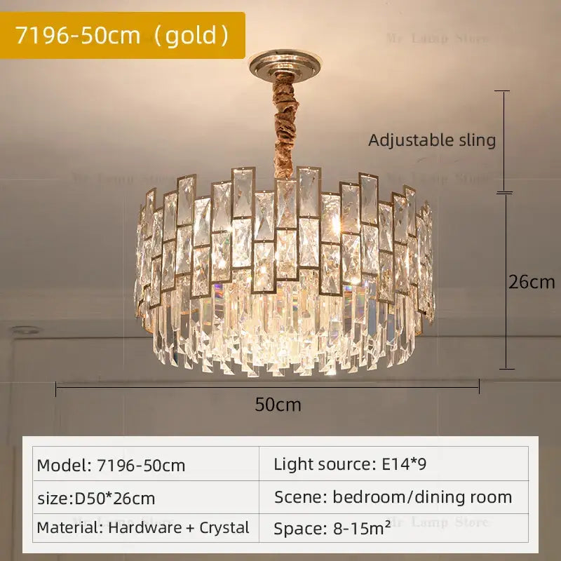 Gold finished decorbites crystal chandelier with circular clear crystal frame and faceted crystals for modern luxury lighting