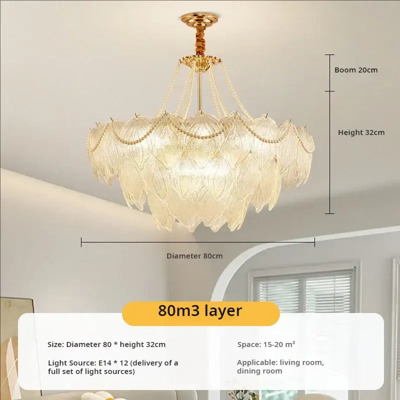 Elegant gold-toned decorbites crystal chandelier with layered glass petal shades and delicate beaded chains for modern luxury lighting