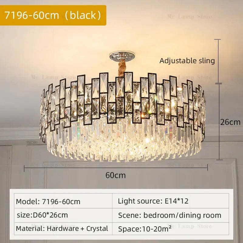 Black-framed decorbites crystal chandelier with cascading clear glass prisms and adjustable ceiling sling mount