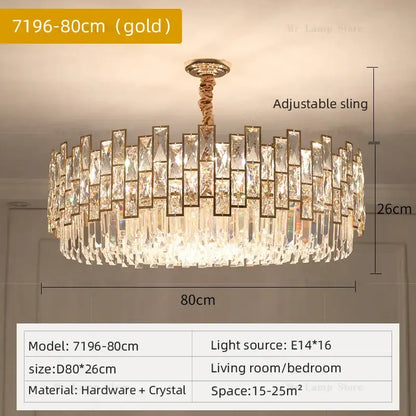 Gold-toned decorbites crystal chandelier with cascading crystal prisms for modern luxury lighting in living spaces