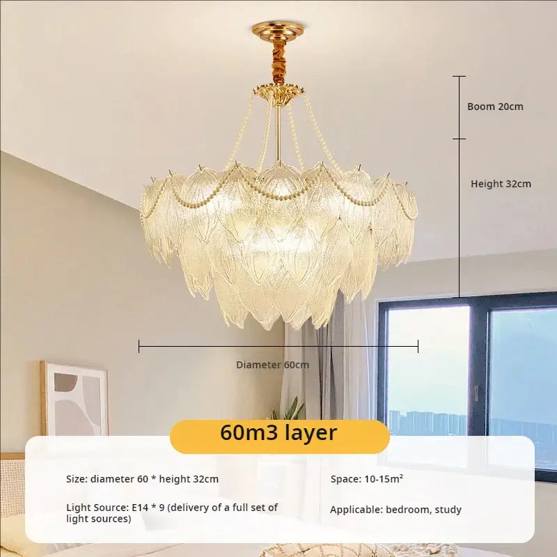 Elegant gold-toned decorbites crystal chandelier with layered translucent petals and beaded chains for modern luxury lighting