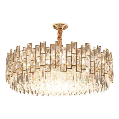 Decorbites crystal chandelier gold-toned with cascading crystal prisms and braided rope suspension for modern luxury lighting