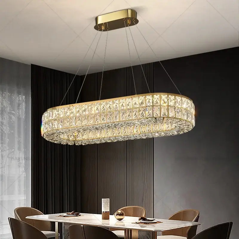 Gold-toned oval decorbites crystal chandelier with two tiers of faceted crystals for living room and villa lighting